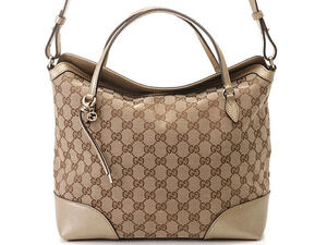 Gucci GG Canvas Shoulder Bag Beige Cream Gold Leather